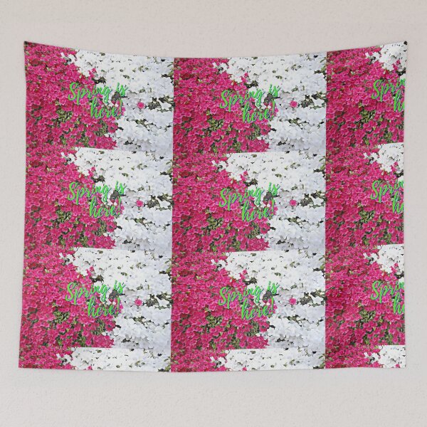 Item preview, Pink and white flowers with green spring is here text  designed and sold by wallartofmio.