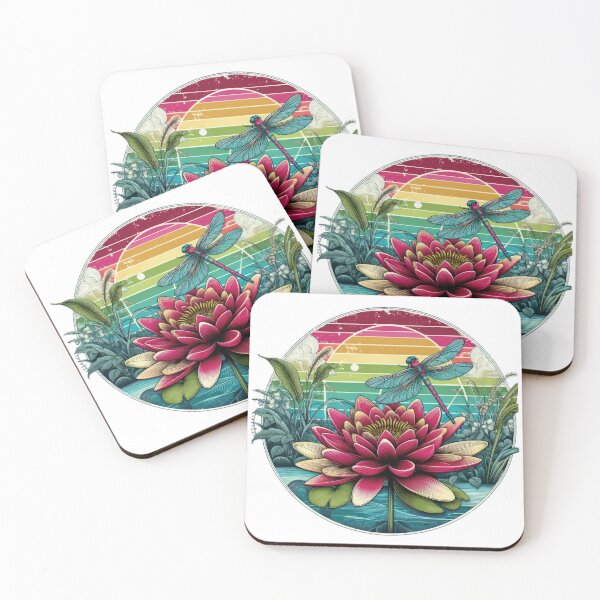 Item preview, vintage pink lotus with dragonfly in a lake,Vintage Flowers,Retro Flowers,retro floral,vintage nature designed and sold by Expressions-Sel.