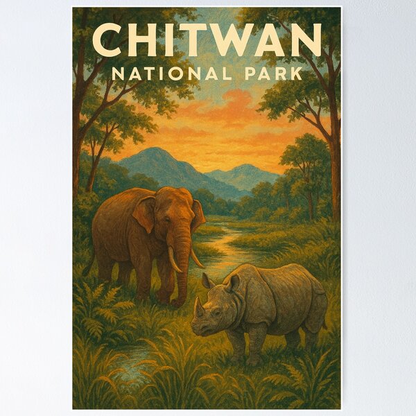 Item preview, Chitwan National Park – Sunset Over Rhino and Elephant designed and sold by placesonearth.