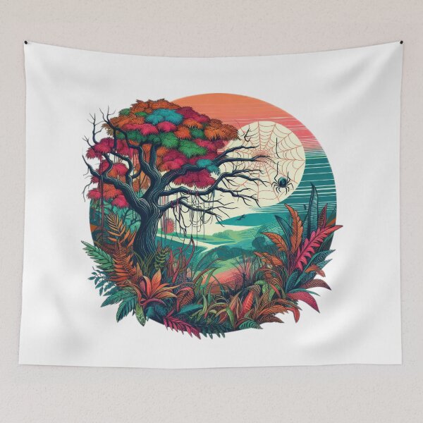 Item preview, vintage colorful tree with cobweb and spider,Vintage Flowers,Retro Flowers,retro floral,vintage nature designed and sold by Expressions-Sel.