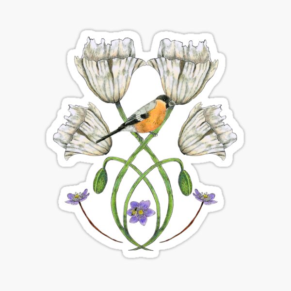 Peshawar Poppies & Eurasian Bullfinch Sticker