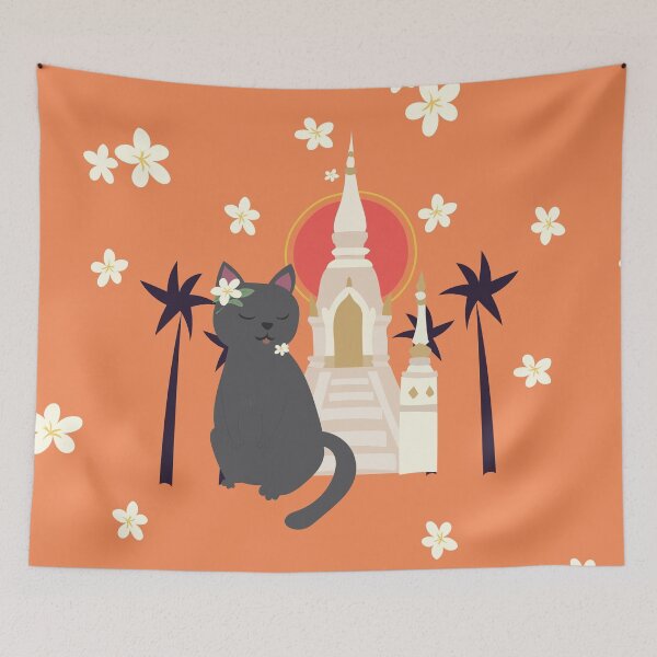 Item preview, Peaceful Cat at a Thai Temple Surrounded by Frangipani Flowers designed and sold by myDino-myLove.