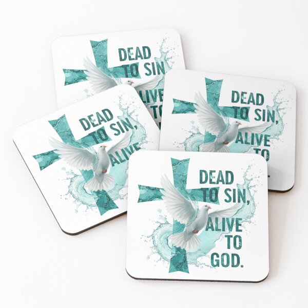 Item preview, "DEAD TO SIN," and "ALIVE TO GOD." The text is layered over a textured cross with water splash effects and a descending white dove. designed and sold by Faithloveshop.