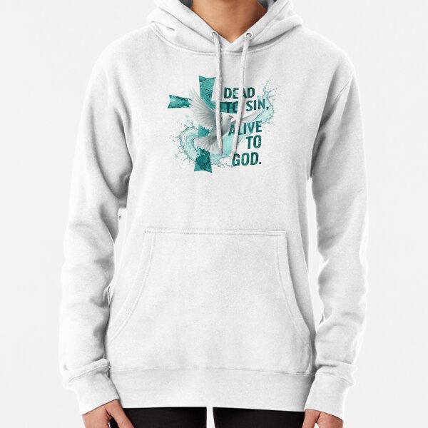 Vista previa del artículo con la obra «"MUERTO AL PECADO" y "VIVO PARA DIOS". El texto se superpone a una cruz texturizada con efectos de salpicaduras de agua y una paloma blanca descendiendo.», diseñado y vendido por Faithloveshop.