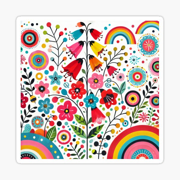 Aperçu de l'œuvre Campanules et arcs-en-ciel, art populaire scandinave – Jardin floral nordique joyeux par heidiannemorris créée et vendue par FOLK ART FUSION by heidiannemorris.