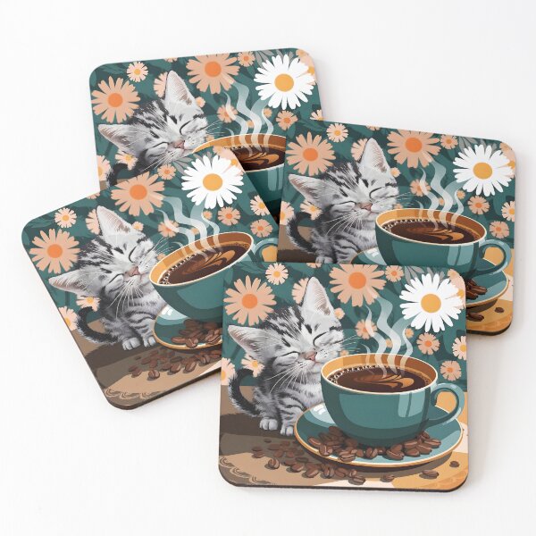 Item preview, Cute sleepy tabby kitten next to a hot cup of coffee - Catspresso against a floral backdrop designed and sold by EmeraldeaArt.