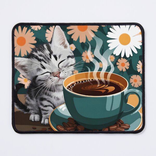 Item preview, Cute sleepy tabby kitten next to a hot cup of coffee - Catspresso against a floral backdrop designed and sold by EmeraldeaArt.