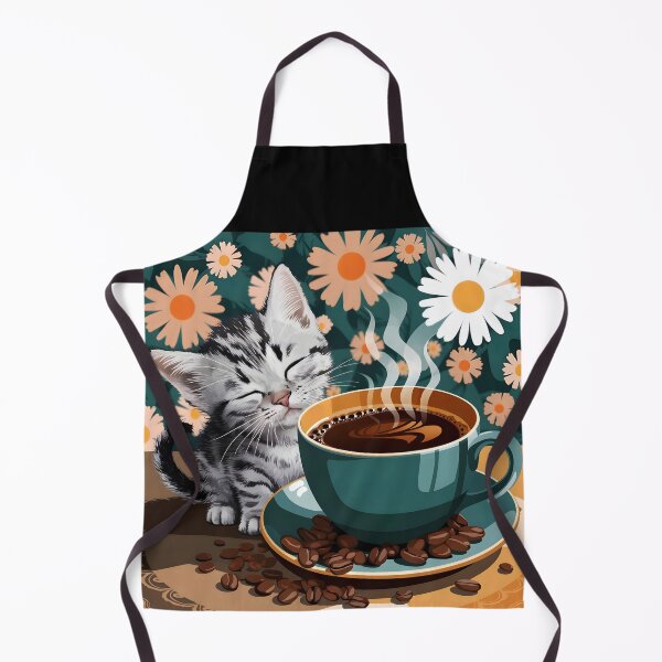 Item preview, Cute sleepy tabby kitten next to a hot cup of coffee - Catspresso against a floral backdrop designed and sold by EmeraldeaArt.