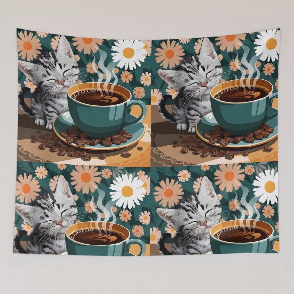 Item preview, Cute sleepy tabby kitten next to a hot cup of coffee - Catspresso against a floral backdrop designed and sold by EmeraldeaArt.