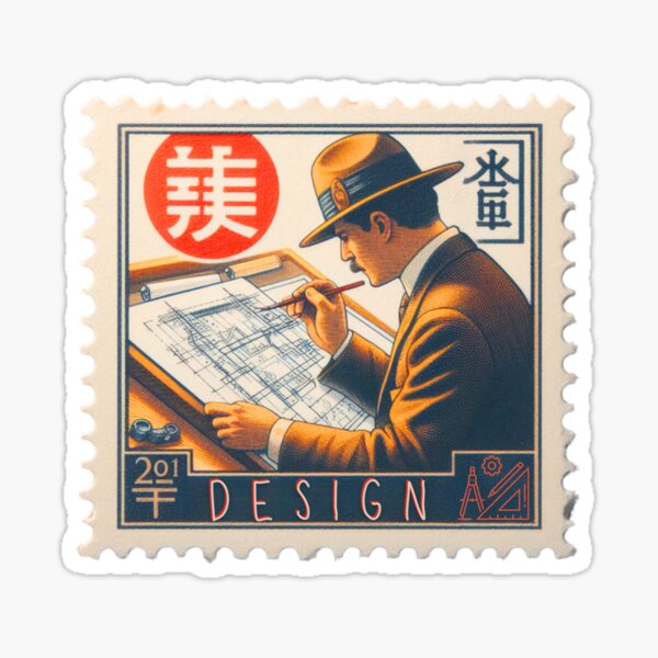 Item preview, Vintage Architect Blueprint Drawing Stamp – Retro Engineering Art Print designed and sold by No1RetroStamps.