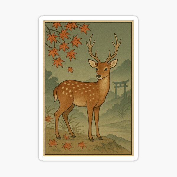 Item preview, Sika Deer in Autumn Forest – Japanese Woodblock Style designed and sold by TidalEchoes.