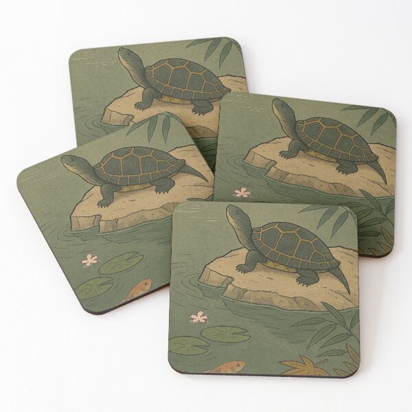 Item preview, Japanese Pond Turtle in Lily Pond – Woodblock Style designed and sold by TidalEchoes.