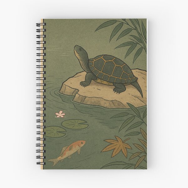 Item preview, Japanese Pond Turtle in Lily Pond – Woodblock Style designed and sold by TidalEchoes.