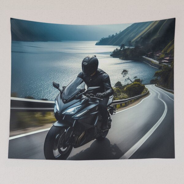 Item preview, Biker Touring Through Lake Toba, Medan – AI Artwork of Tropical Nature for Motorcycle and Vacation Lovers designed and sold by knalpot-design.