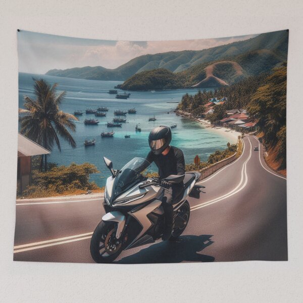 Item preview, Biker Touring the Coast of Sumatra, Indonesia – AI Artwork of Motorcycle Adventure and Coastal Beauty designed and sold by knalpot-design.