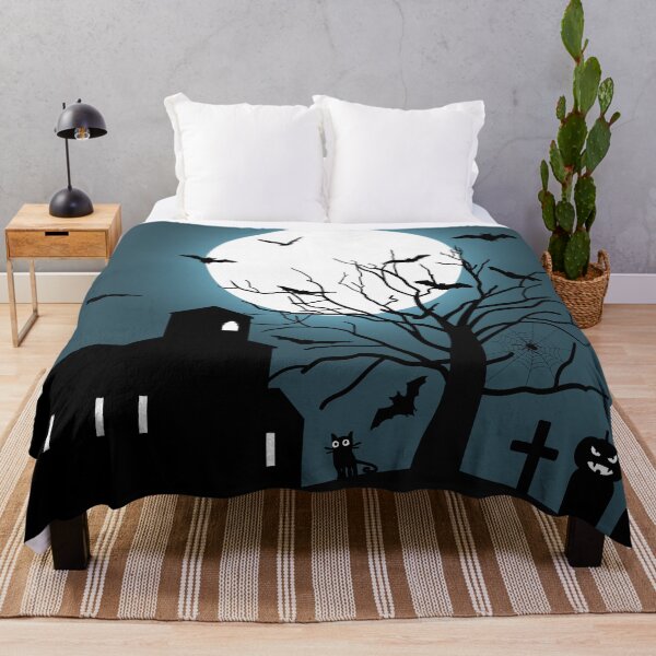 Item preview, Halloween silhouettes of a spooky castle and a tree with bats, gravestones, spiderwebs, spiders and full moon. designed and sold by Familyshmot.