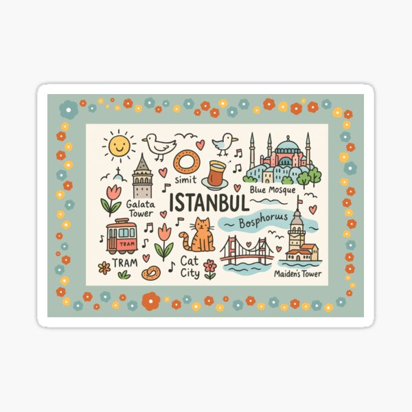 Item preview, Whimsical Istanbul Illustrated Design – Hand-Drawn City Map with Iconic Landmarks, Cats, Tea & Bosphorus Charm designed and sold by asliberry.