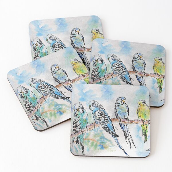 Item preview, Colourful Budgies Budgerigars Sitting on A Branch Watercolor Painting designed and sold by Sarah  Rajkotwala.