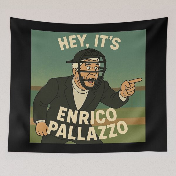 Item preview, Naked Gun "Hey, it's Enrico Pallazzo" animated Leslie Nielsen / Frank Drebin designed and sold by Rewatch-Podcast.
