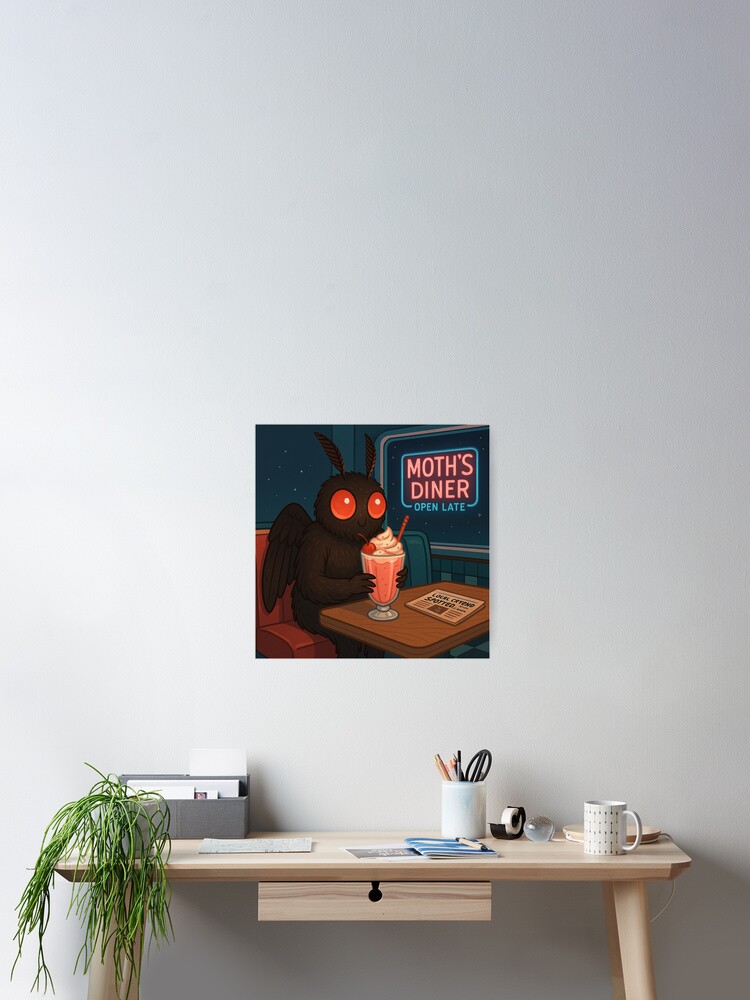 Thumbnail 2 of 3, Poster, Mothman & Milkshakes – Cozy Cryptid in a Retro Diner designed and sold by hitechmom.