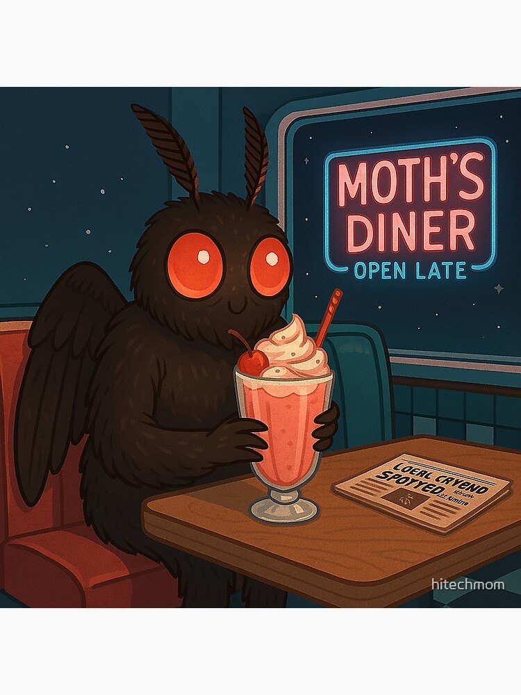 Thumbnail 3 of 3, Poster, Mothman & Milkshakes – Cozy Cryptid in a Retro Diner designed and sold by hitechmom.