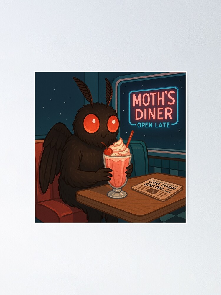 Thumbnail 1 of 3, Poster, Mothman & Milkshakes – Cozy Cryptid in a Retro Diner designed and sold by hitechmom.