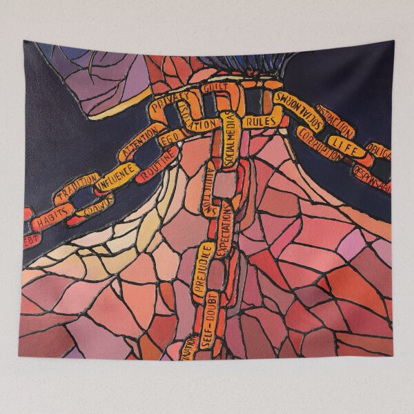 Item preview, "Chained" – Stained Glass-Style Commentary on Modern Constraints designed and sold by Enjoy my  tea time.