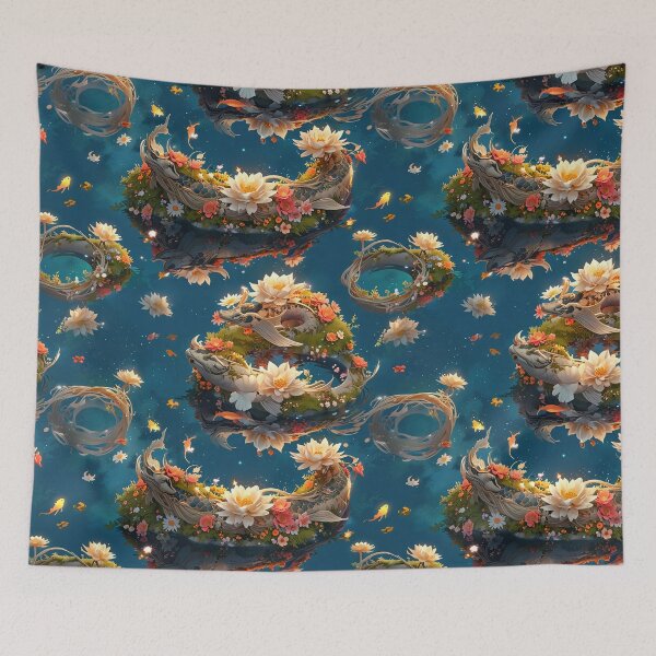 Item preview, Koi dragon covered in flowering pattern, tranquil lake designed and sold by CoolPixels.