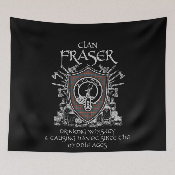 Item preview, Clan Fraser of Lovat drinking whiskey and causing havoc heritage crest tartan plaid designed and sold by Clan1093.