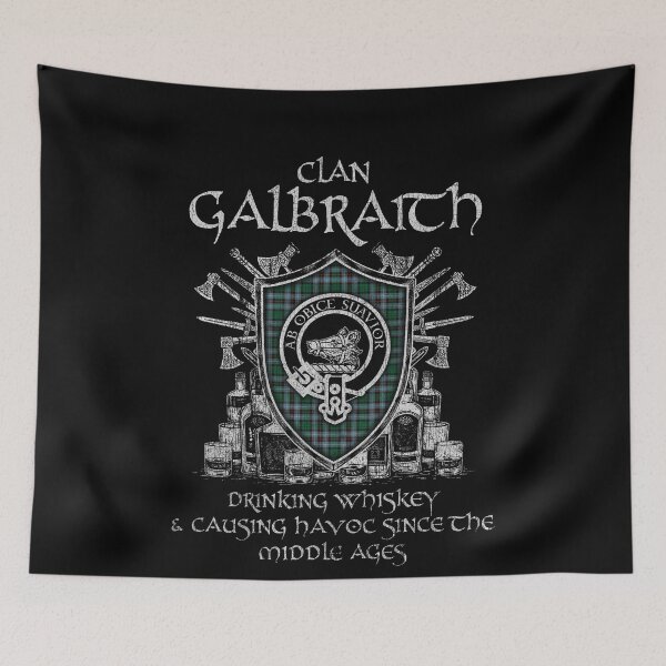 Item preview, Clan Galbraith of Peebleshire drinking whiskey and causing havoc heritage crest tartan plaid designed and sold by Clan1093.