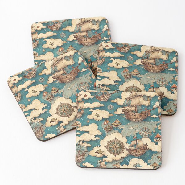 Item preview, Vintage Nautical Pattern, Ships, Compasses, Clouds, Blue Background designed and sold by CoolPixels.