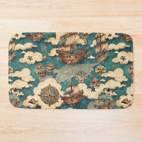 Item preview, Vintage Nautical Pattern, Ships, Compasses, Clouds, Blue Background designed and sold by CoolPixels.