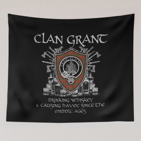 Item preview, Clan Grant drinking whiskey and causing havoc heritage crest tartan plaid designed and sold by Clan1093.