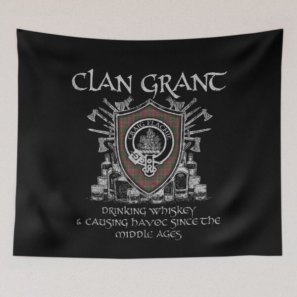 Item preview, Clan Grant of Ballindalloch drinking whiskey and causing havoc heritage crest tartan plaid designed and sold by Clan1093.