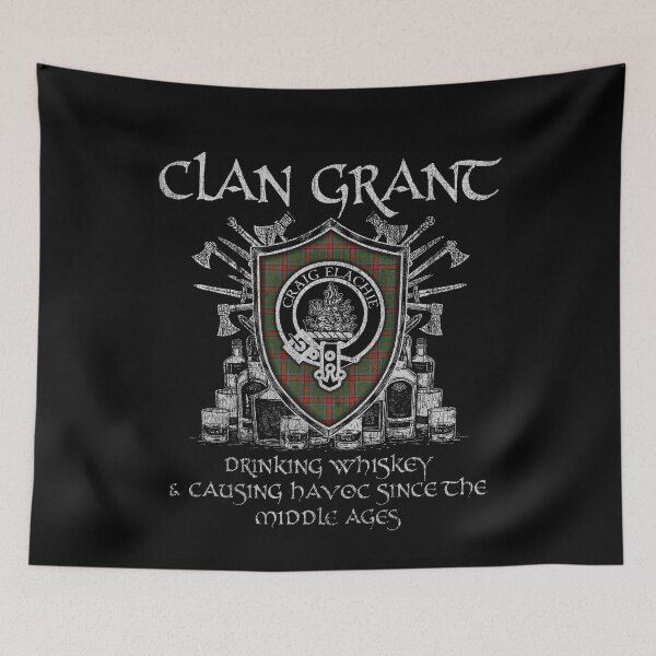 Item preview, Clan Grant of Monymusk drinking whiskey and causing havoc heritage crest tartan plaid designed and sold by Clan1093.