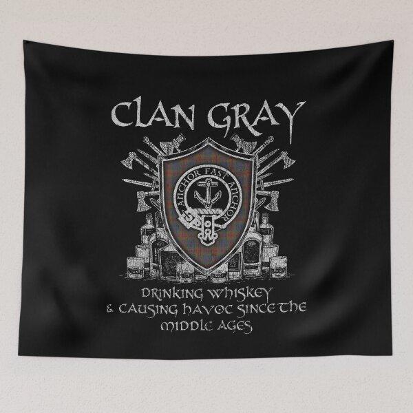 Item preview, Clan Gray drinking whiskey and causing havoc heritage crest tartan plaid designed and sold by Clan1093.