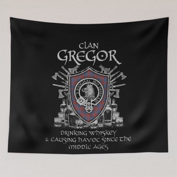 Item preview, Clan Gregor of Deeside drinking whiskey and causing havoc heritage crest tartan plaid designed and sold by Clan1093.