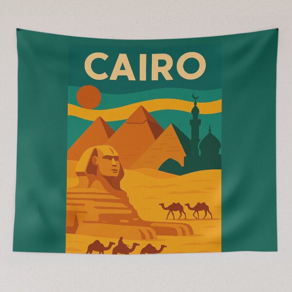 Item preview, Vintage Cairo Egypt Travel Poster – Retro Pyramids, Sphinx & Desert Camels Wall Art designed and sold by Bored Duck.