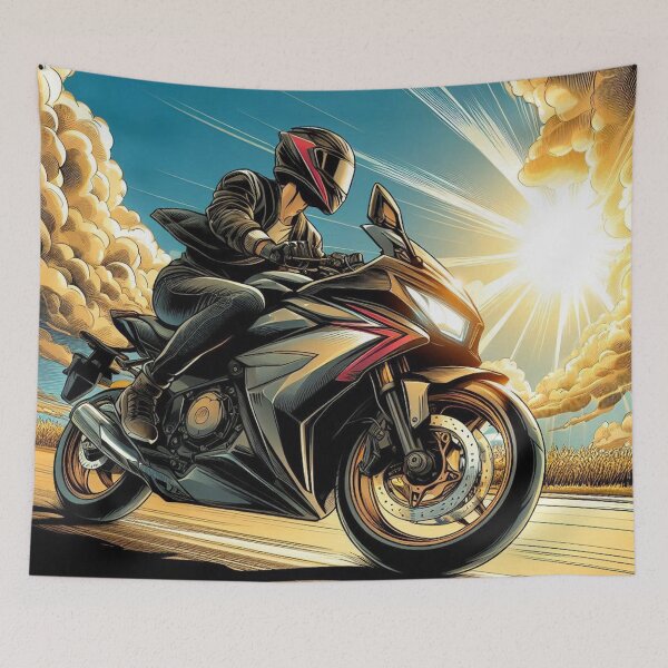 Item preview, Biker Touring on a Sunny Tropical Day – AI Artwork for Motorcycle Adventure and Vacation Lovers’ Apparel & Accessories designed and sold by knalpot-design.