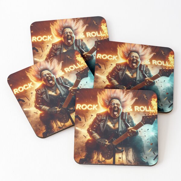 Item preview, a grandmom musician fiercely sings and plays electric guitar under a "ROCK & ROLL" sign designed and sold by BlurBlurDesign.