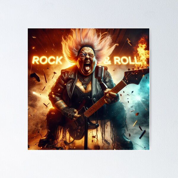 Item preview, a grandmom musician fiercely sings and plays electric guitar under a "ROCK & ROLL" sign designed and sold by BlurBlurDesign.