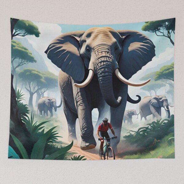 Item preview, Elephant Chasing an MTB Rider on African Savannah Trails designed and sold by GrizzlyCollective.