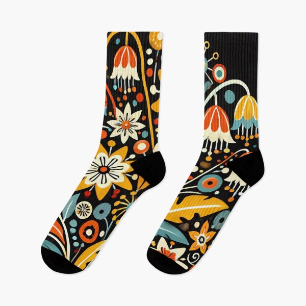 Item preview, Scandinavian Folk Art Bell-Shaped Flowers – Vibrant Nordic Bouquet on Black by heidiannemorris designed and sold by FOLK ART FUSION by heidiannemorris.