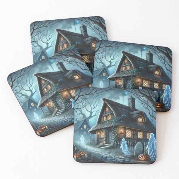 Item preview, Haunted Thatched Cottage with Pumpkins and Ghostly Glow – Halloween Rustic Art designed and sold by ArtFreshStudio.