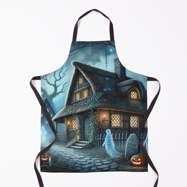 Item preview, Haunted Thatched Cottage with Pumpkins and Ghostly Glow – Halloween Rustic Art designed and sold by ArtFreshStudio.