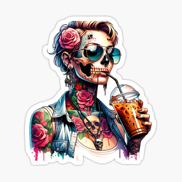Item preview, Tattooed Skull Woman Sipping Iced Coffee designed and sold by yasarstore.