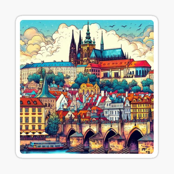 Aperçu de l'œuvre Design de bande dessinée vibrant de Prague – Parfait pour les amateurs de voyages, les fans de la République tchèque et les accessoires de vacances créée et vendue par knalpot-design.