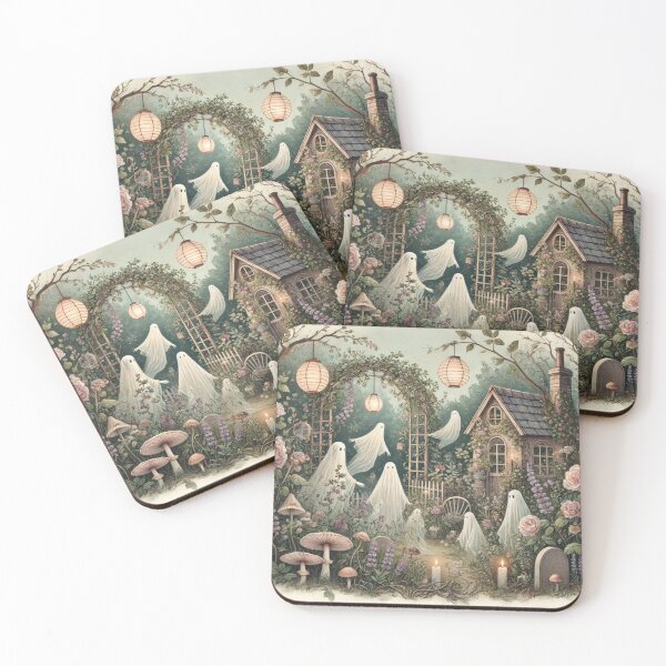 Item preview, Ghost Garden Cottage with Lanterns and Roses – Whimsical Spooky Art designed and sold by ArtFreshStudio.