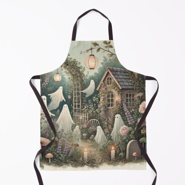 Item preview, Ghost Garden Cottage with Lanterns and Roses – Whimsical Spooky Art designed and sold by ArtFreshStudio.