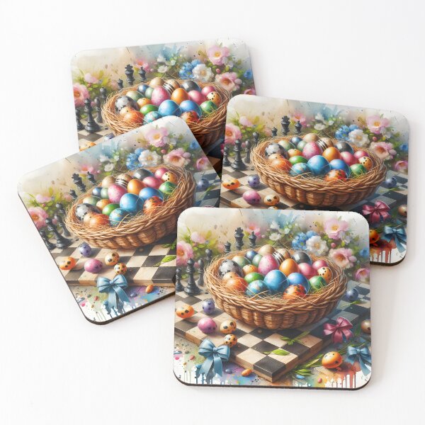 Item preview, Chess Board and an Easter basket with Easter eggs watercolour art designed and sold by EmeraldeaArt.